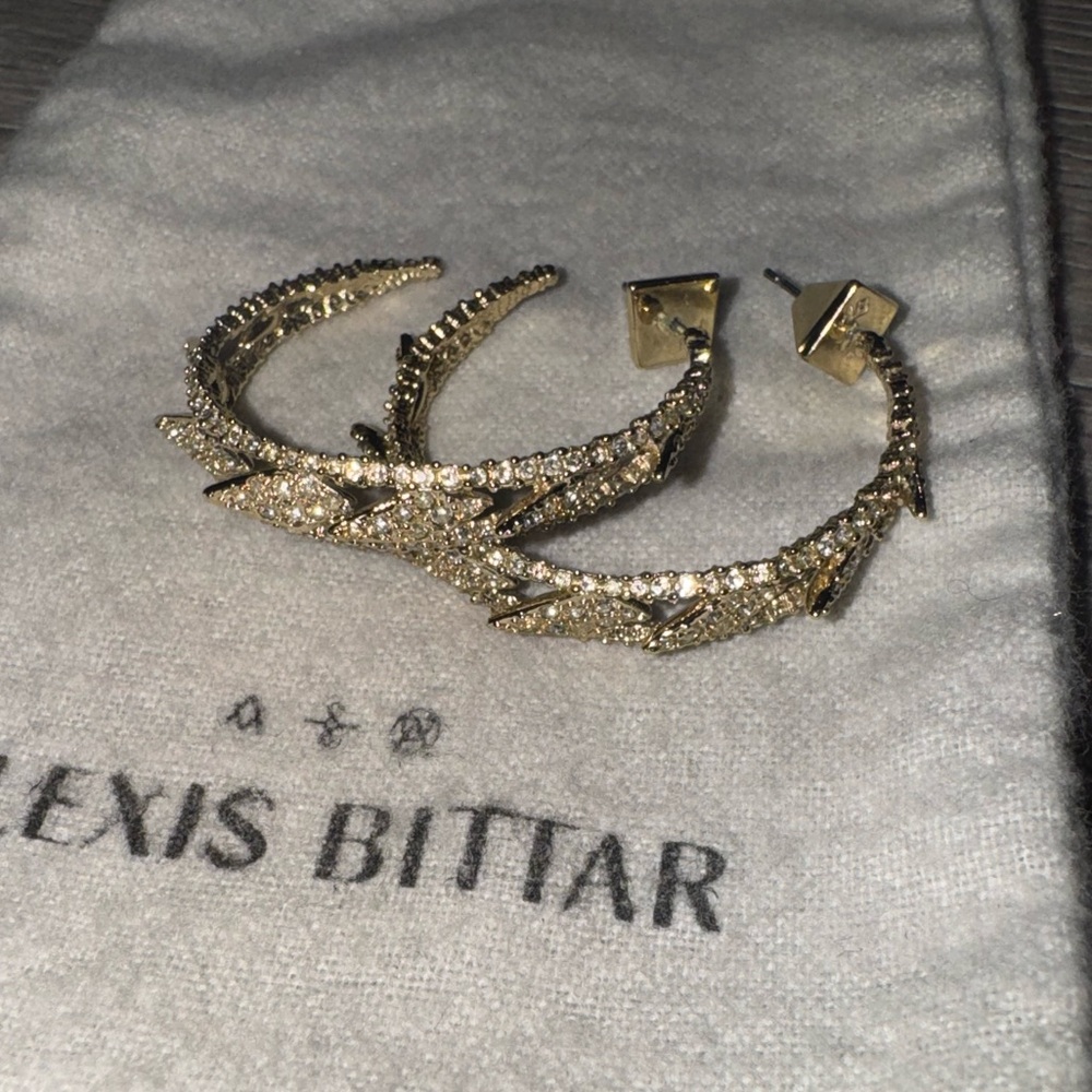 ALEXIS BITTAR YELLOW GOLD SPIKED PAVE HOOP EARRINGS W DUSTBAG
